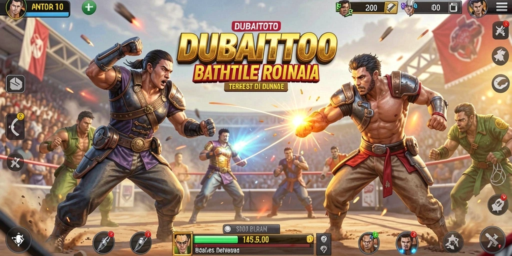 Tampilan gameplay DUBAITOTO dengan pertarungan intens di arena.