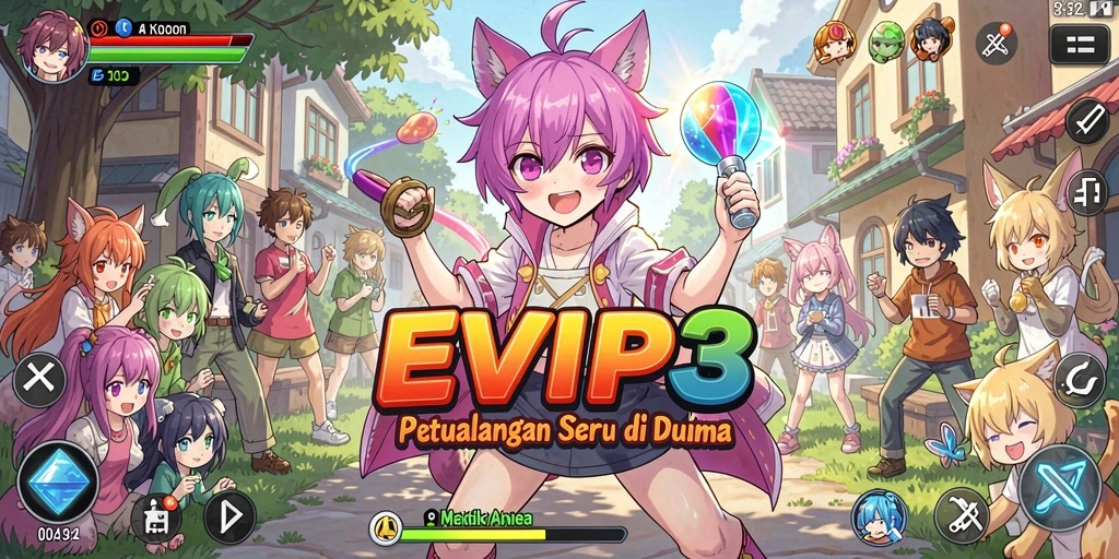 Tangkapan layar gameplay EVIP3 menunjukkan karakter Anime yang sedang bertarung.