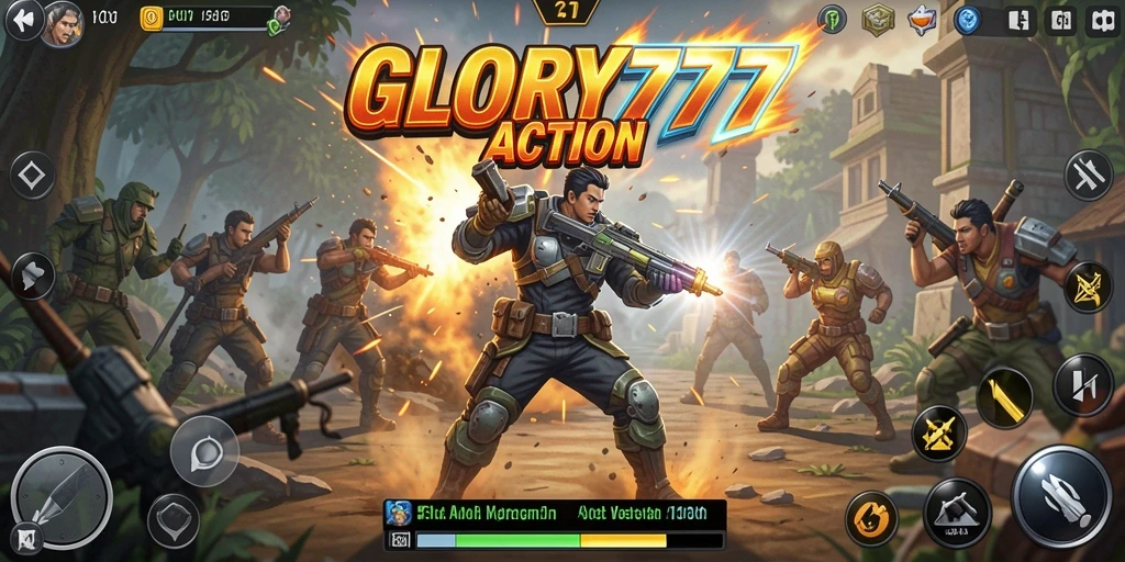 Screenshot utama GLORY777 menampilkan aksi bertempur yang intens.
