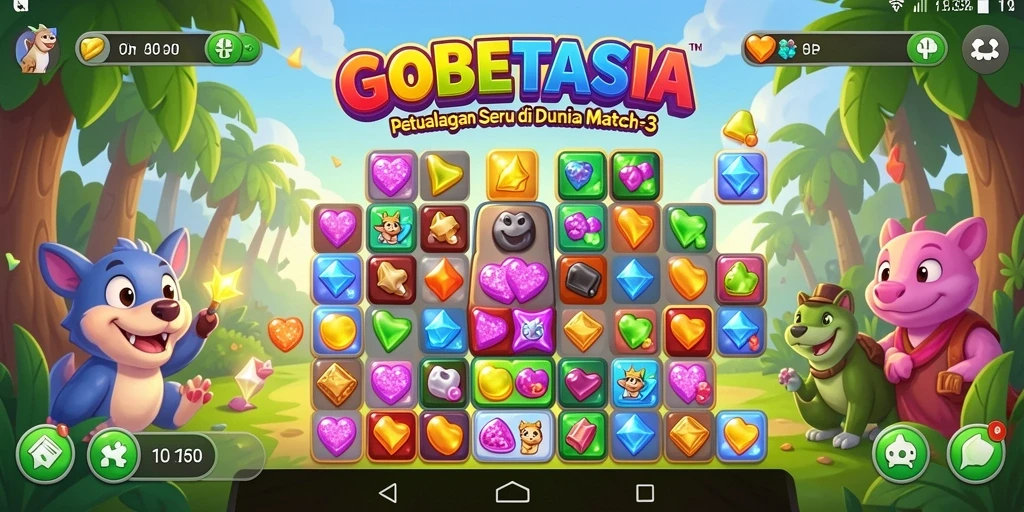 Tampilan gameplay seru GOBETASIA dengan elemen Match-3 yang berwarna-warni.