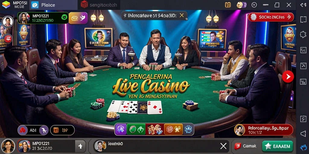 Screenshot gameplay MPO1221 yang menampilkan dealer langsung dan suasana kasino.