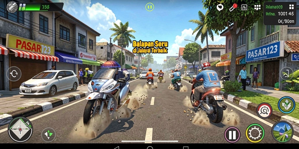 Screenshot gameplay yang menunjukkan aksi balapan mendebarkan di PASAR123.