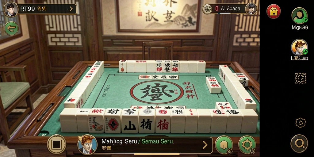 Screenshot gameplay RT99 menampilkan papan Mahjong yang menakjubkan dan interaksi antar pemain.