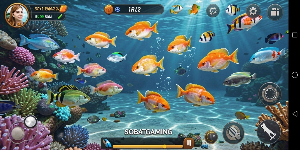 Screenshot gameplay SOBATGAMING menampilkan aksi seru menembak ikan.