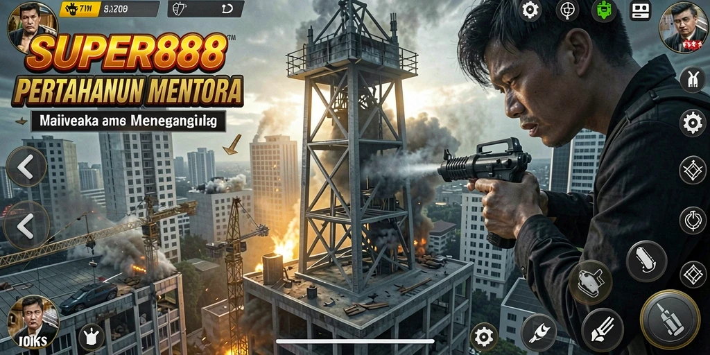 Screenshot gameplay SUPER88 menunjukkan aksi menara yang menantang melawan gelombang musuh.