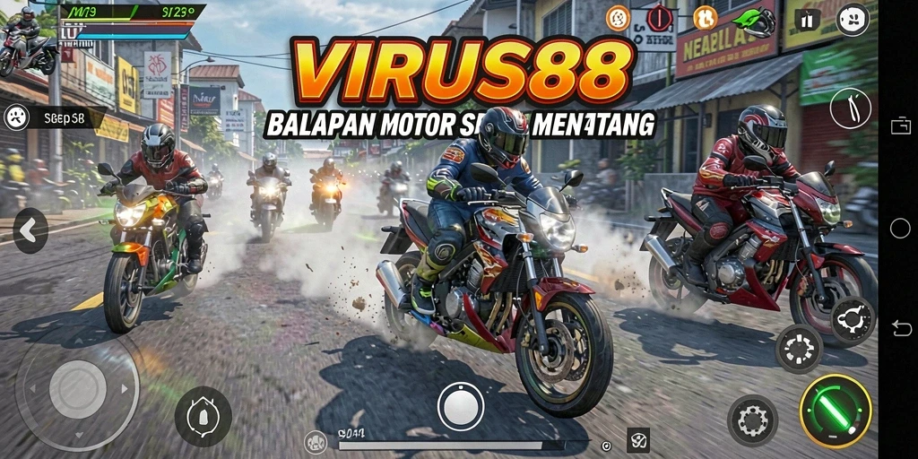 Tangkapan layar gameplay <strong>VIRUS88</strong> menunjukkan aksi balapan motor yang mendebarkan.
