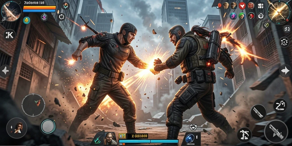 Screenshot gameplay ZK7 dengan karakter bertarung penuh aksi.